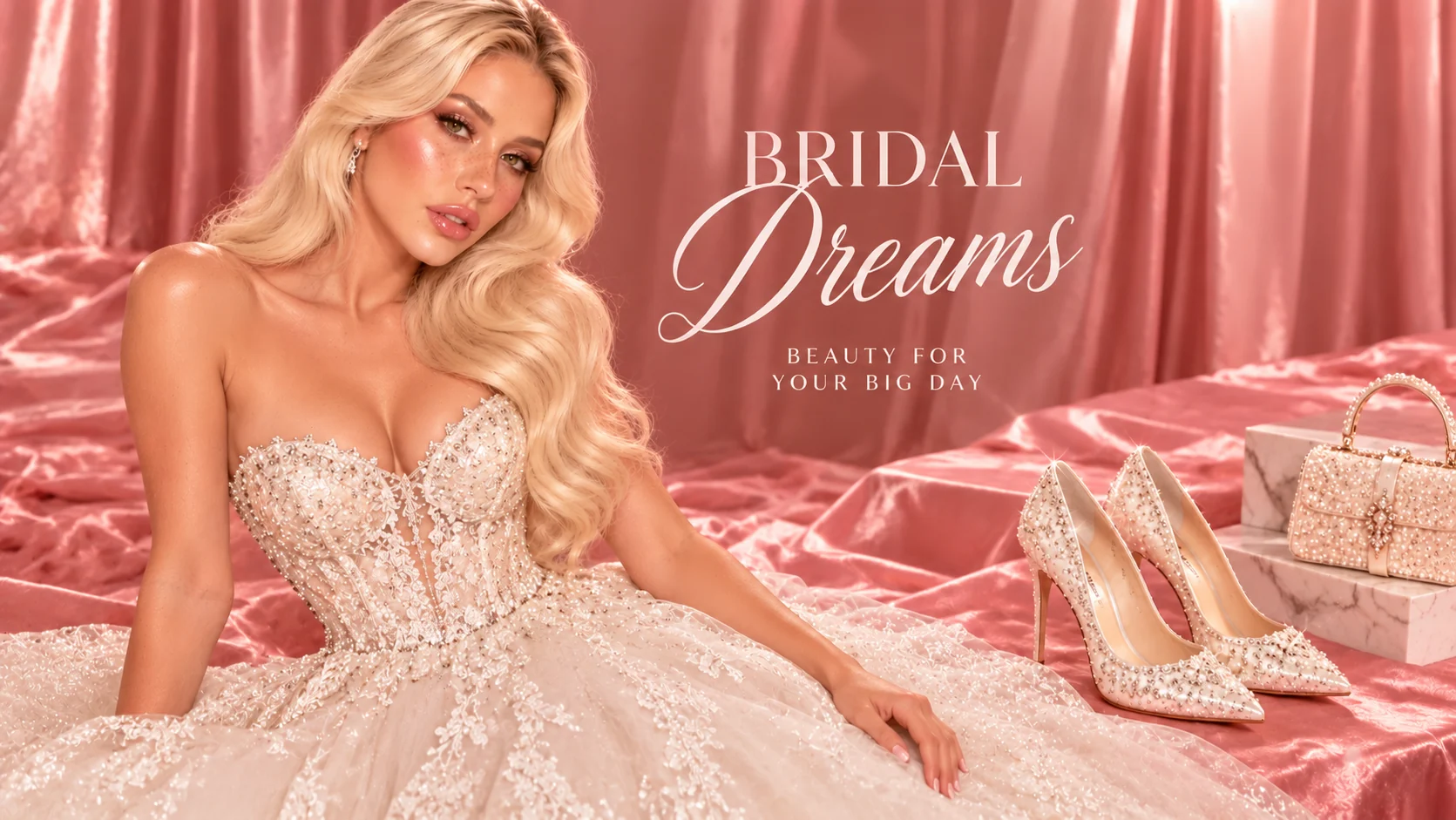 Brud i prinsessekjole med perler, lyserøde sko med perler og perletaske på rosa satin – Bridal Dreams