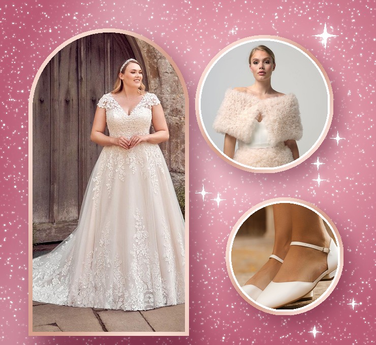 Blush brudekjole med blonder, stola og flade brudesko
